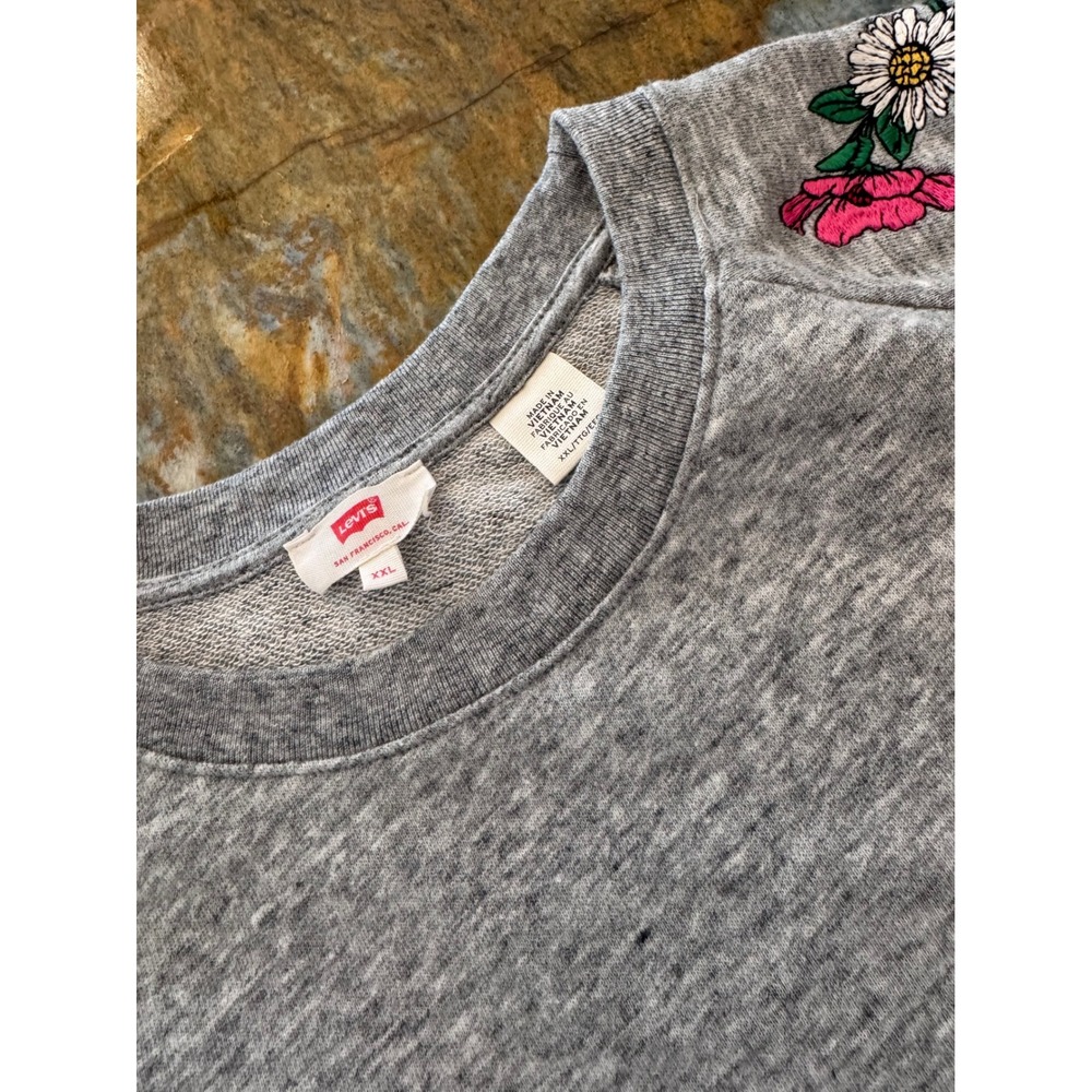 Levis Womens XXL Heather Gray Floral Embroidered Raglan Crewneck Sweatshirt